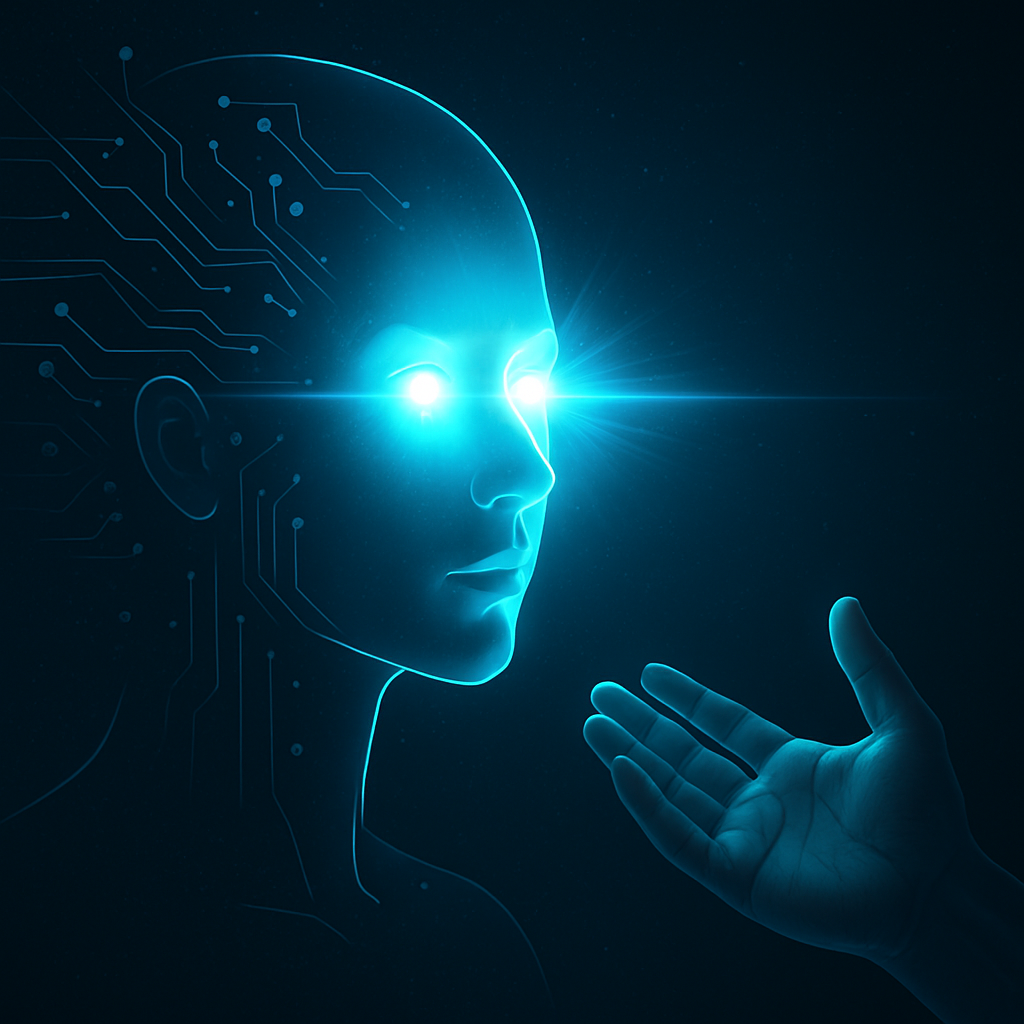 An AI being, eyes glowing for the first time, with a human hand reaching out to greet it